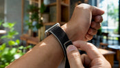 Eine Hand wechselt das Armband der Apple Watch direkt am Handgelenk.