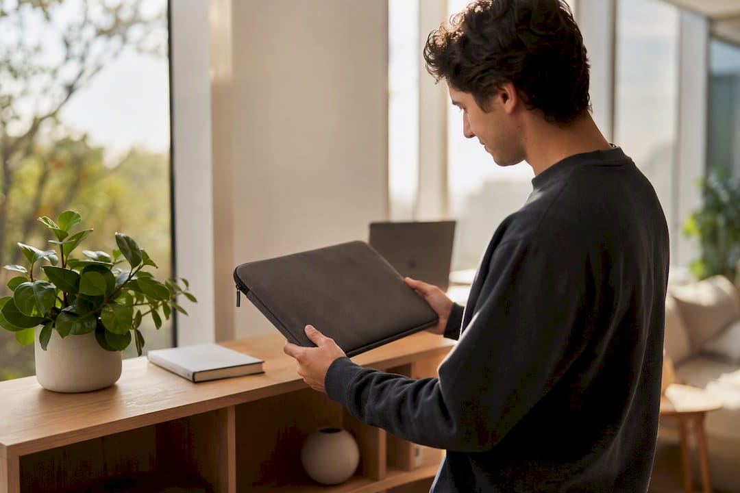 Hände legen eine Laptophülle neben den Rand eines MacBooks