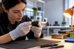Technikerin testet ein gebrauchtes Smartphone in der Werkstatt