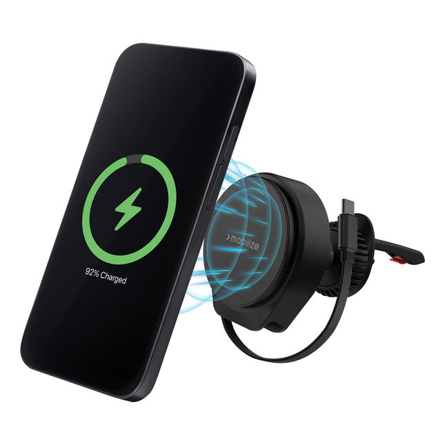 Mobilize Magsafe Compatible Car Holder/Charger 25W Qi2.2 With Retractable Usb-C Cable Black