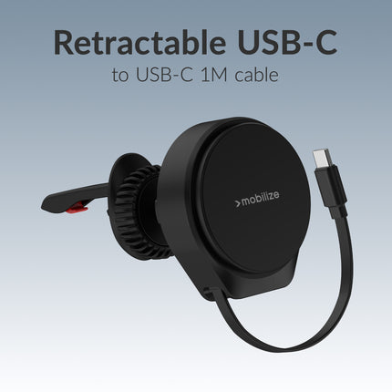 Mobilize Magsafe Compatible Car Holder/Charger 25W Qi2.2 With Retractable Usb-C Cable Black