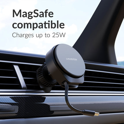 Mobilize Magsafe Compatible Car Holder/Charger 25W Qi2.2 With Retractable Usb-C Cable Black