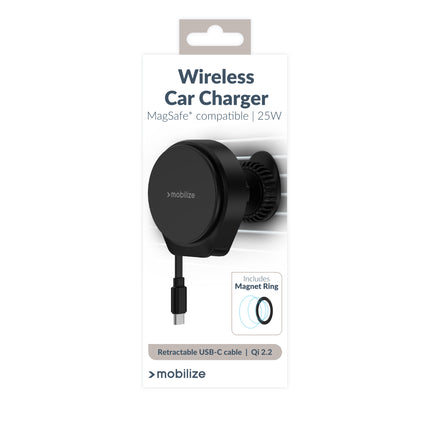 Mobilize Magsafe Compatible Car Holder/Charger 25W Qi2.2 With Retractable Usb-C Cable Black