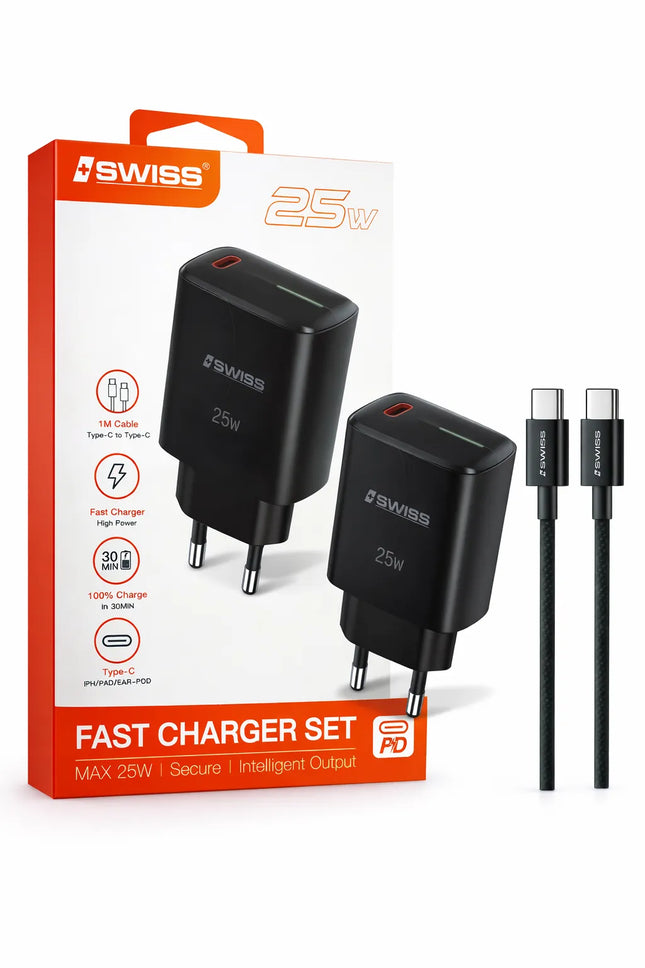 USB-C charger set including charger and 1 meter cable - black